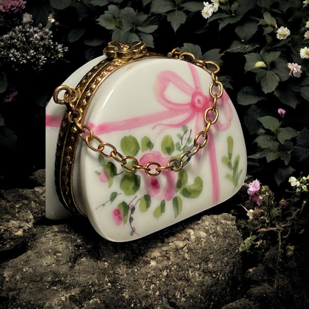 Authentic Limoges Ribbon And Floral Purse Shaped Trinket Box, Ring Box, Pillbox